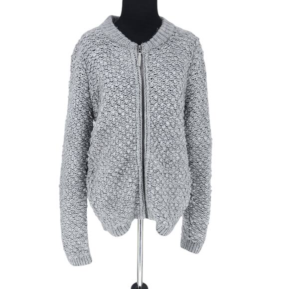 Lucky Brand Chunky Knit Zip Front Jacket Sweater Gray Women's Size Medium Bomber - Picture 1 of 7